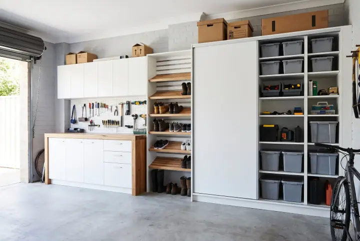 Design concept: garage storage wall with cupboards and open shelving