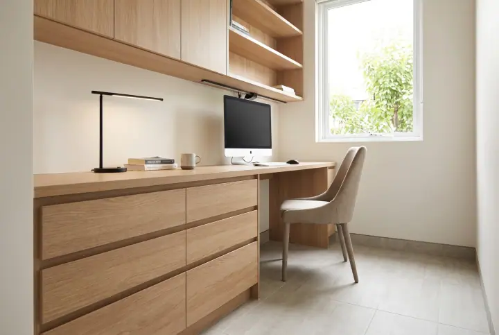 Design concept: built-in study desk with drawers and overhead cupboards