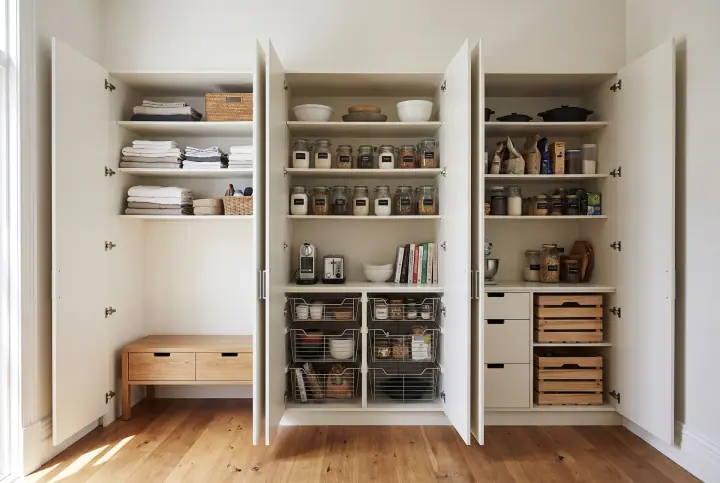 Design concept: tall pantry with the doors open, shelves neatly stocked