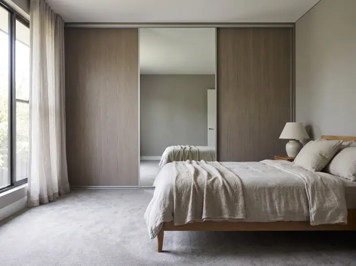 Design concept: bedroom with floor-to-ceiling mirrored sliding wardrobe doors