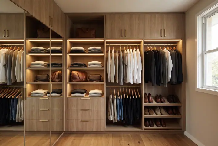 Design concept: walk-in wardrobe with open shelving, hanging and drawers
