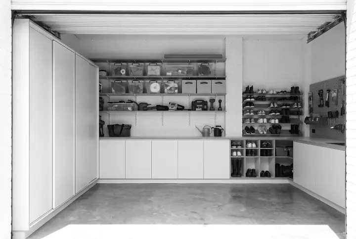 Design concept: garage storage wall in antique white (black and white)