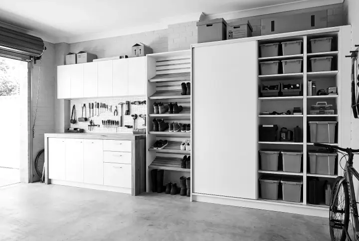 Design concept: garage storage wall in polar white (black and white)