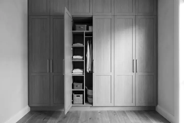 Design concept: wall of floor-to-ceiling hinged wardrobes in hazel oak (black and white)