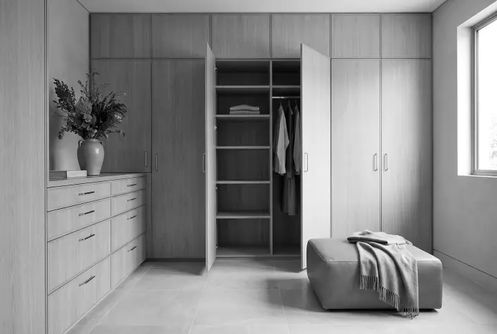 Design concept: wall of floor-to-ceiling hinged wardrobes in natural oak (black and white)
