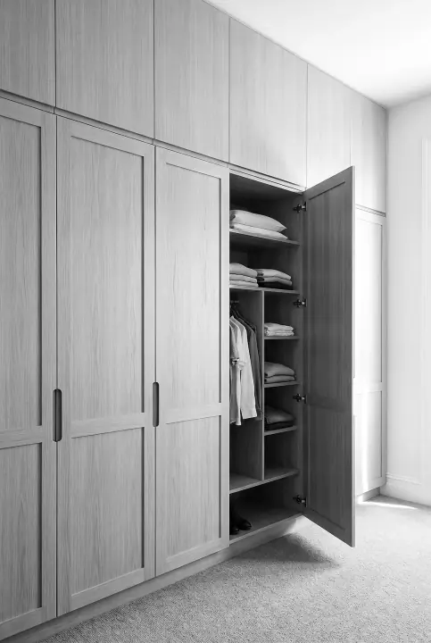 Design concept: wall of floor-to-ceiling hinged wardrobes in blonde oak (black and white)