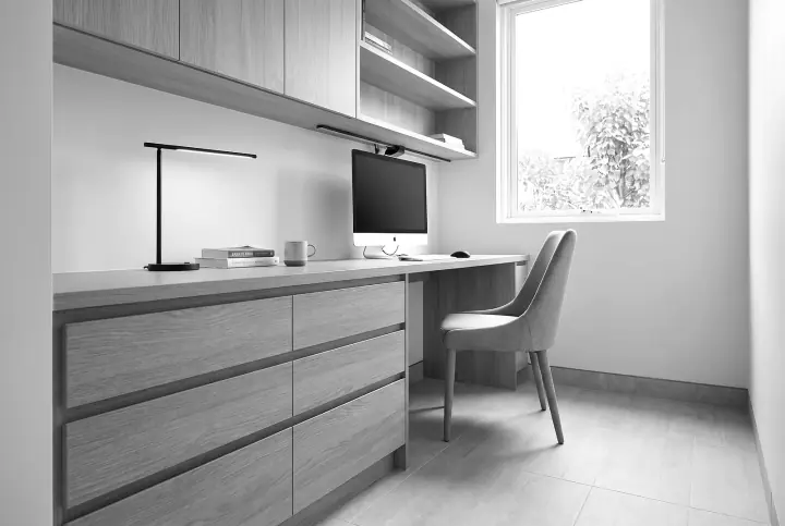 Design concept: built-in home office study nook in natural oak (black and white)