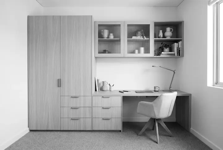 Design concept: built-in home office study nook in plantation ash (black and white)