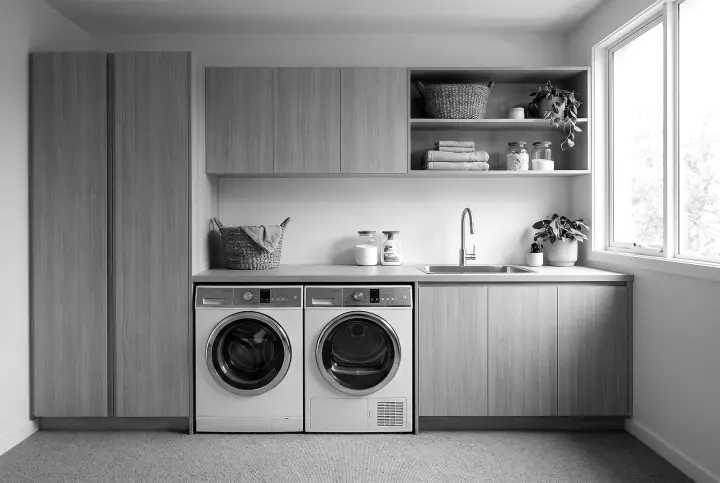 Design concept: laundry in blonde oak (black and white)