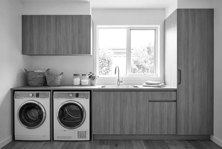 Design concept: laundry in hazel oak (black and white)