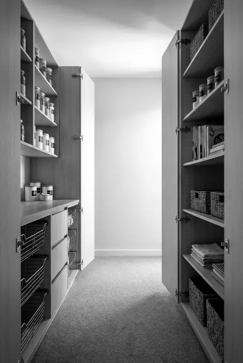 Design concept: walk-in pantry and linen press in plantation ash (black and white)