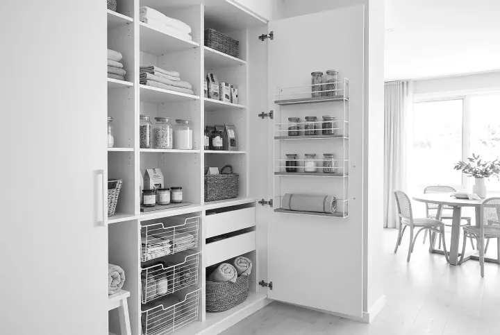 Design concept: walk-in pantry and linen press in polar white (black and white)