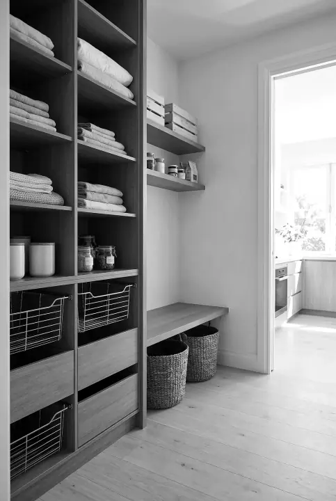 Design concept: walk-in pantry and linen press in bronzed oak (black and white)