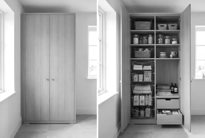 Design concept: walk-in pantry and linen press in natural oak (black and white)