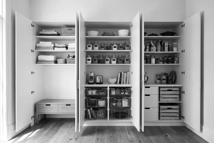 Design concept: walk-in pantry and linen press in antique white (black and white)