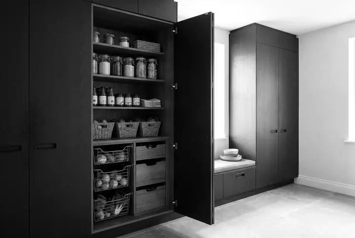 Design concept: walk-in pantry and linen press in blackened oak (black and white)