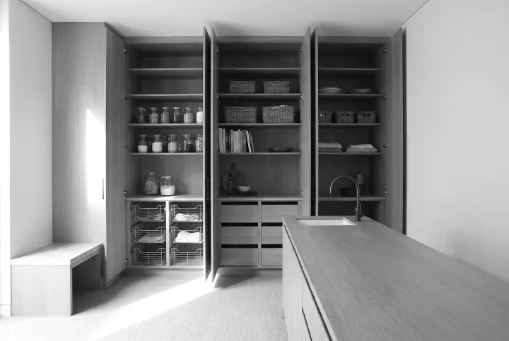 Design concept: walk-in pantry and linen press in blonde oak (black and white)