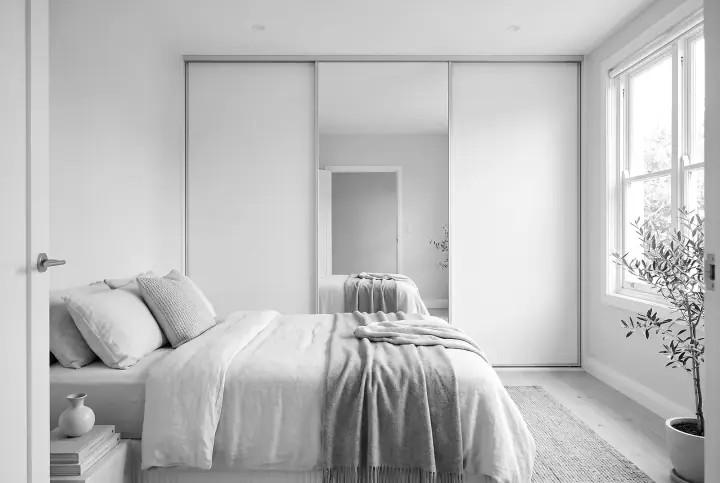 Design concept: bedroom with a floor-to-ceiling sliding-door wardrobe in polar white (black and white)