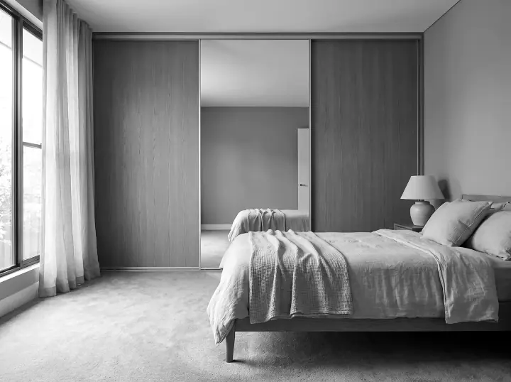 Design concept: bedroom with a floor-to-ceiling sliding-door wardrobe in plantation ash (black and white)