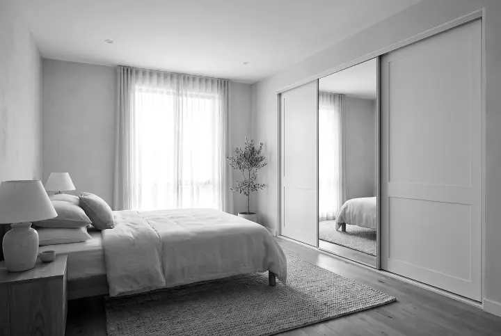 Design concept: bedroom with a floor-to-ceiling sliding-door wardrobe in antique white (black and white)