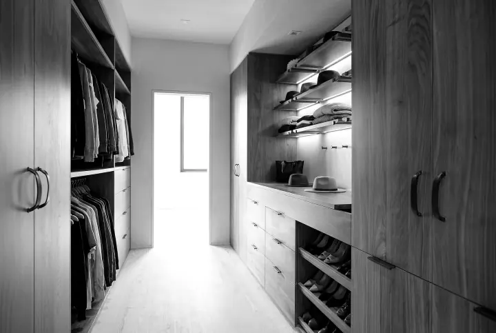 Design concept: walk-in wardrobe in bronzed oak (black and white)