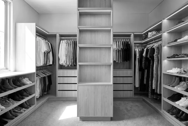 Design concept: walk-in wardrobe in blonde oak (black and white)
