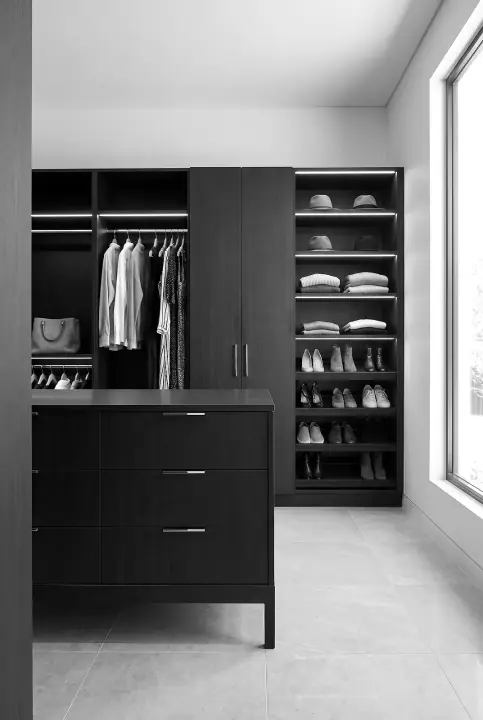 Design concept: walk-in wardrobe in blackened oak (black and white)