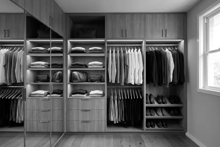 Design concept: walk-in wardrobe in hazel oak (black and white)