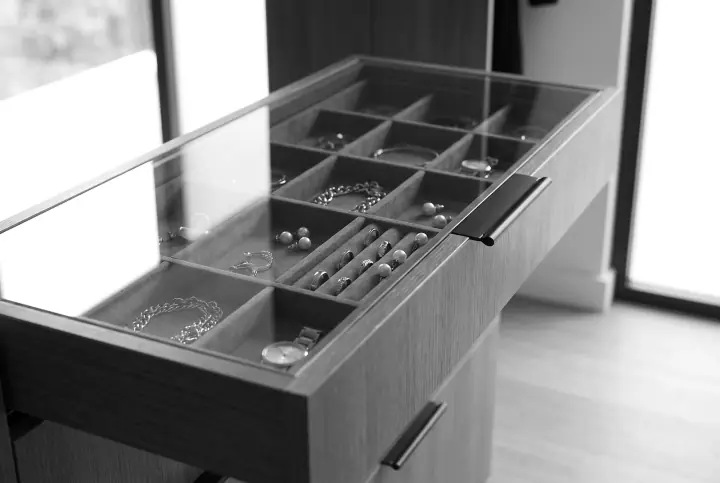 Design concept: close-up of a wardrobe accessory in bronzed oak (black and white)