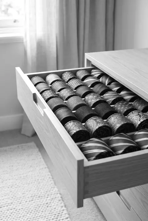 Design concept: close-up of a wardrobe accessory in plantation ash (black and white)