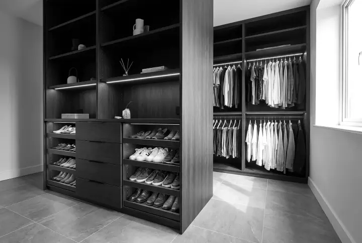 Design concept: built-in wardrobe interior with the doors open in blackened oak (black and white)