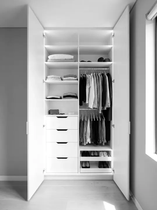 Design concept: built-in wardrobe interior with the doors open in polar white (black and white)