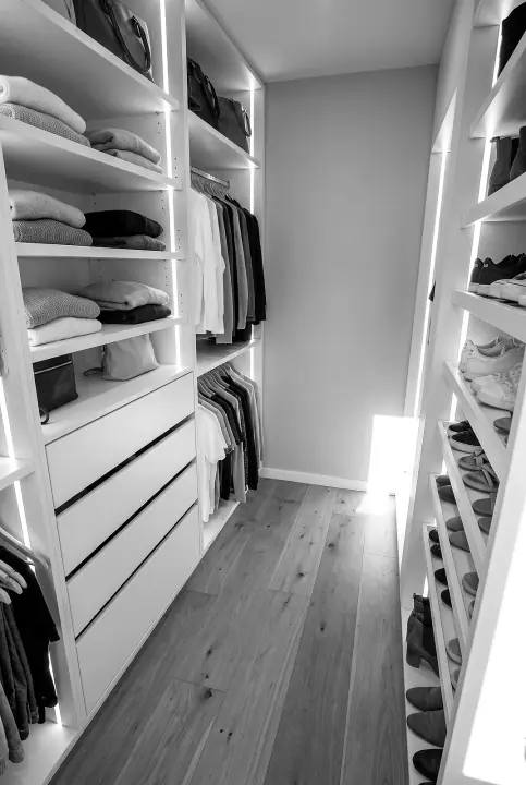 Design concept: built-in wardrobe interior with the doors open in antique white (black and white)