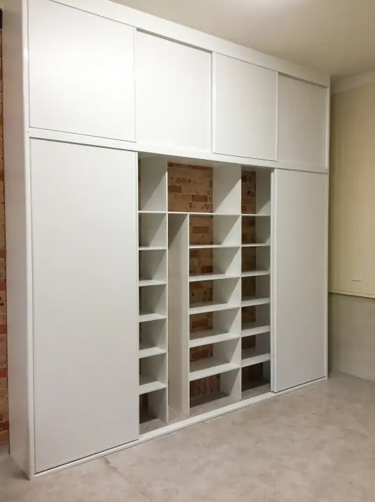 Garage storage with cupboards and open shelving