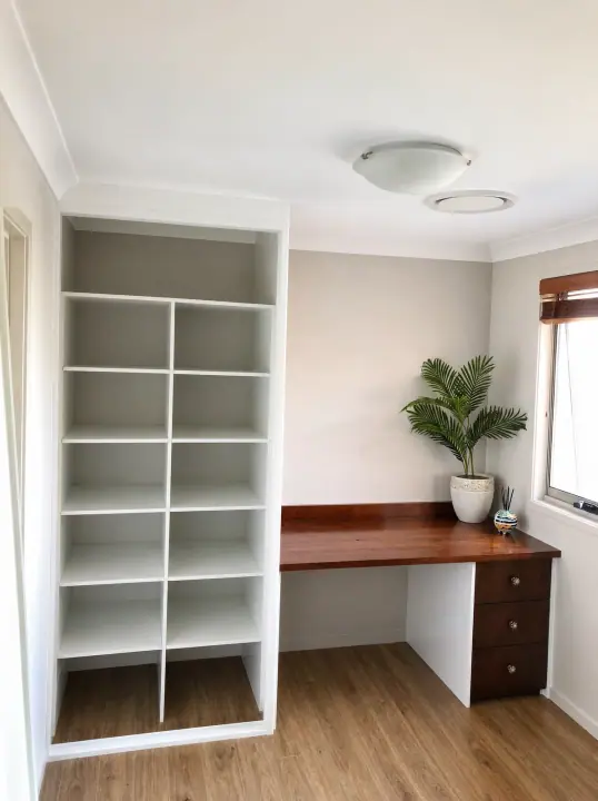 Timber desk with pigeon-hole shelving