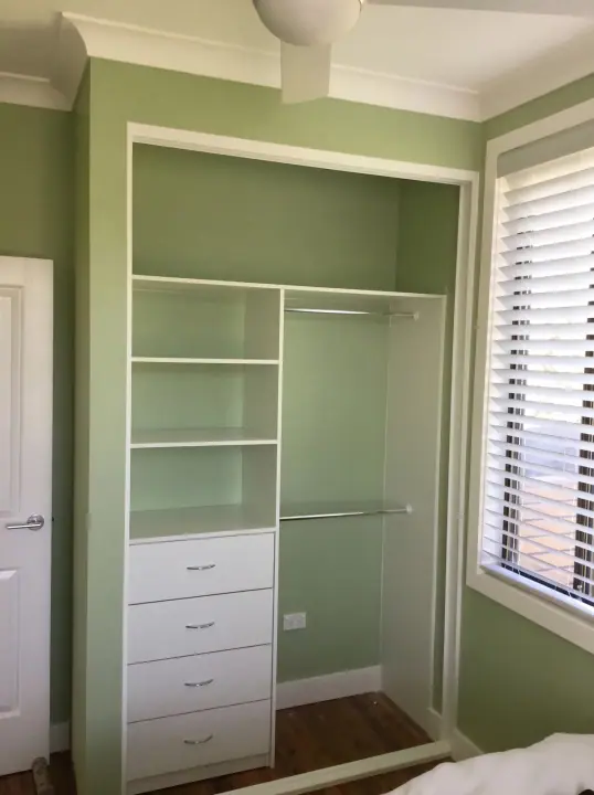 Wardrobe internals with hanging and drawers in a green bedroom