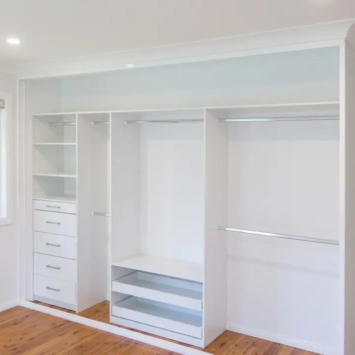 Wardrobe internals with shelving, hanging rails and drawers