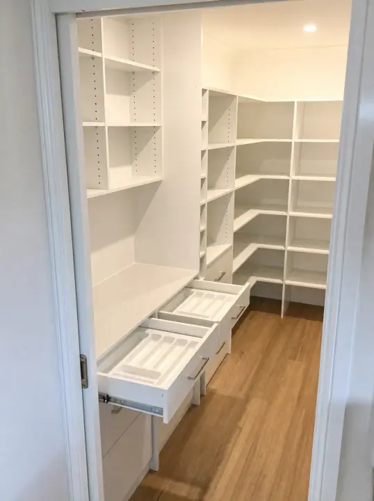 Walk-in pantry with shelving and pull-out drawers