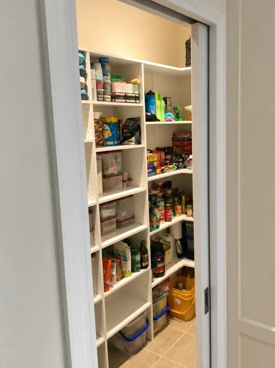 Fully stocked walk-in pantry with adjustable shelves