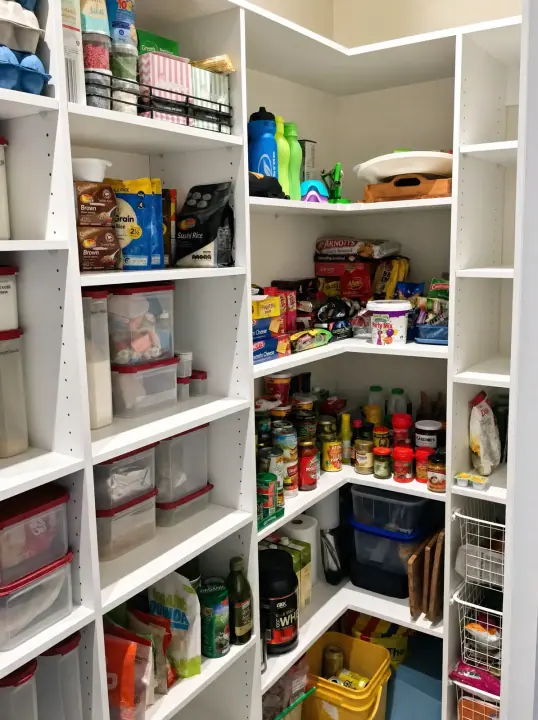 L-shaped pantry shelving full of groceries