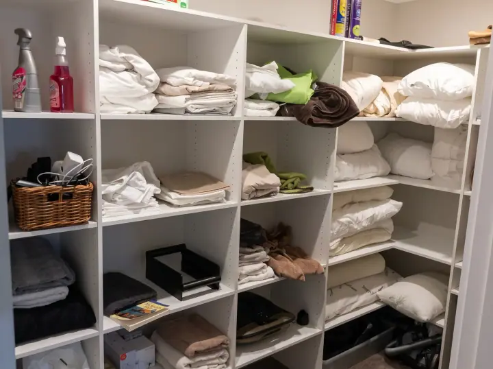 Linen cupboard with towels and bedding on open shelves