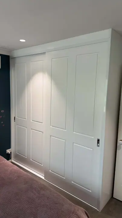 Three white panel sliding doors against a navy feature wall