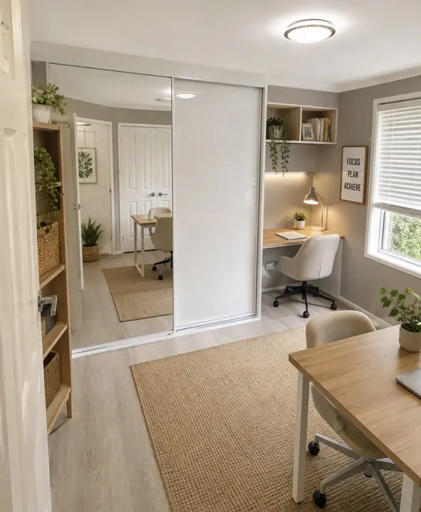 Home office with mirrored sliding wardrobe doors