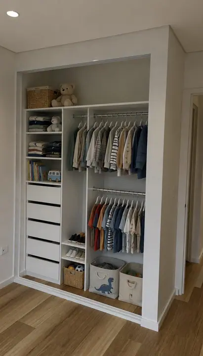 Wardrobe internals with a bank of soft-close drawers