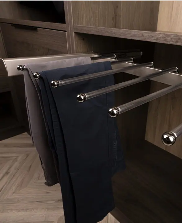 Pull-out pants rack with trousers on chrome rails