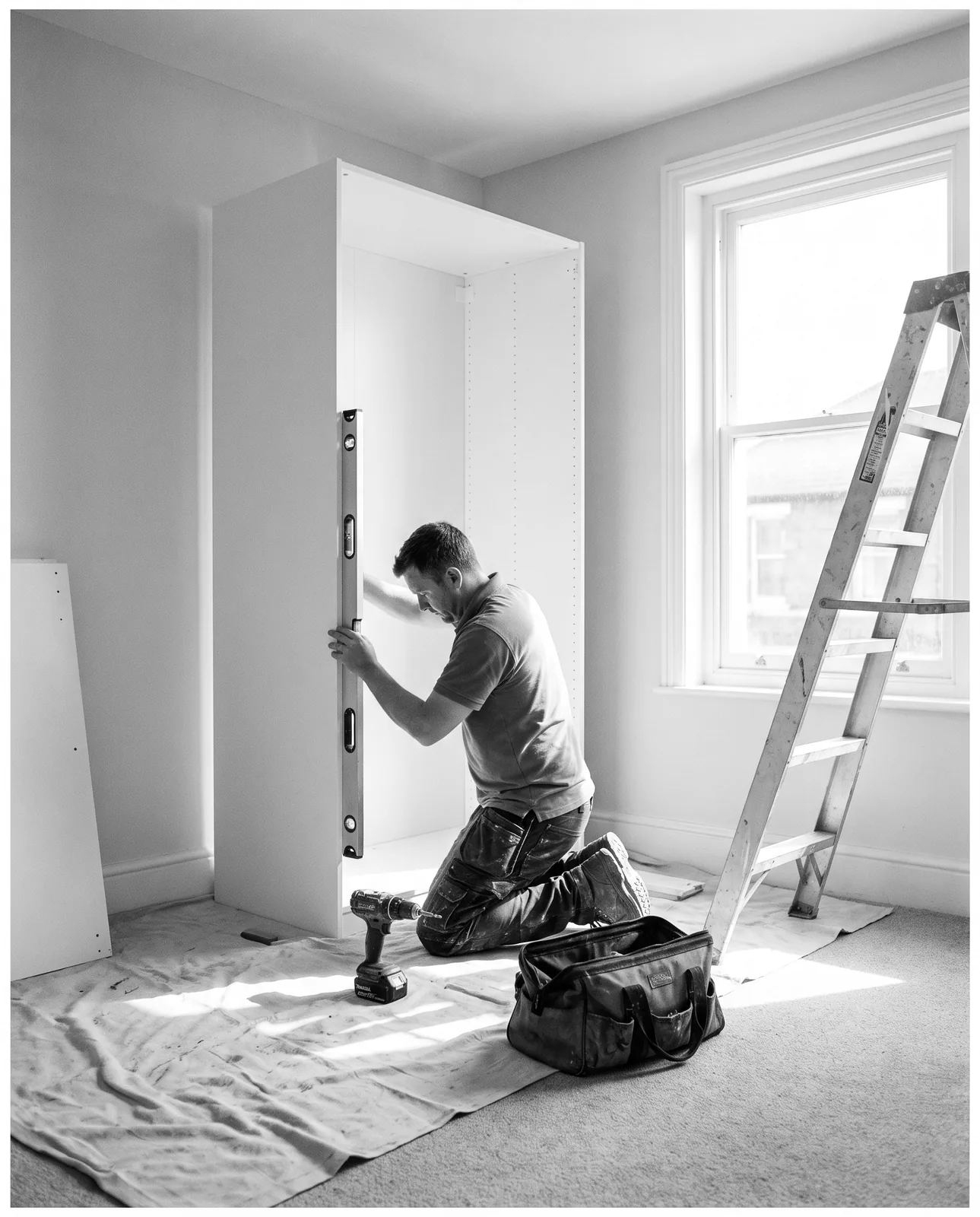 Installer kneeling to level a new white wardrobe carcass in a sunlit bedroom