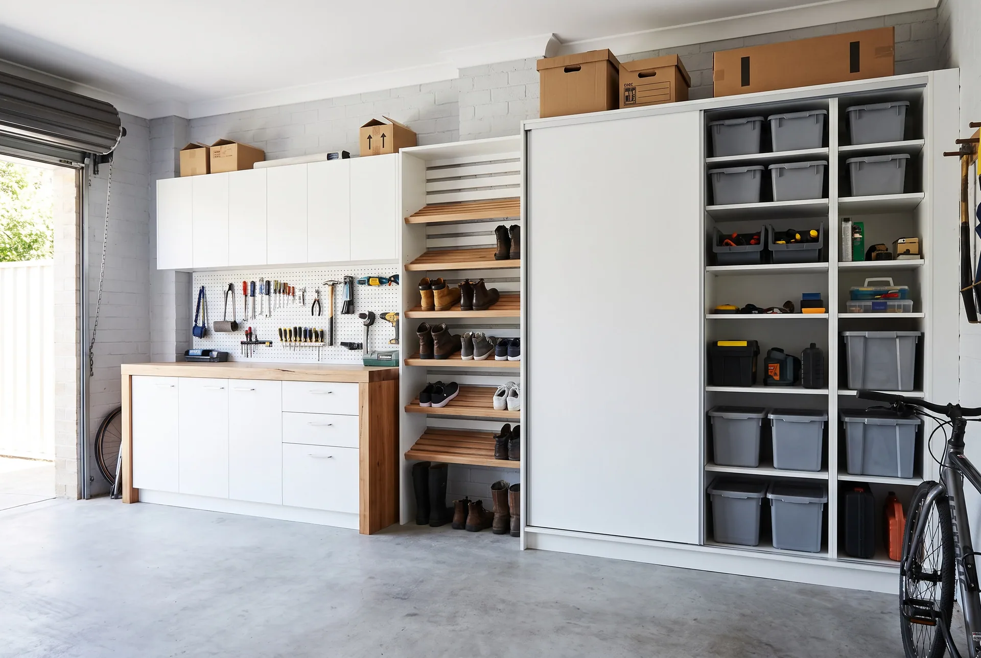 Design concept: garage storage wall with cupboards and open shelving