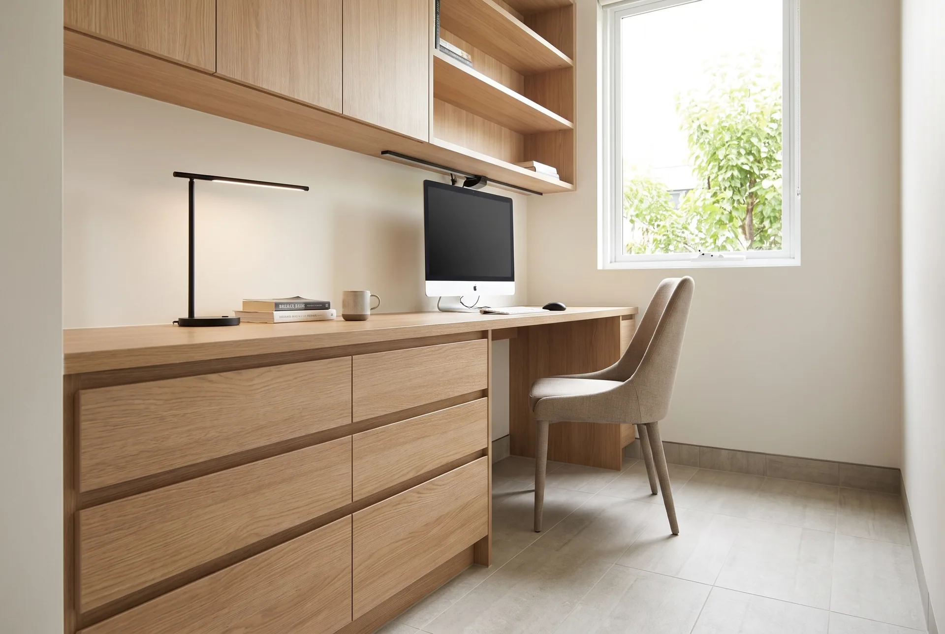 Design concept: built-in study desk with drawers and overhead cupboards