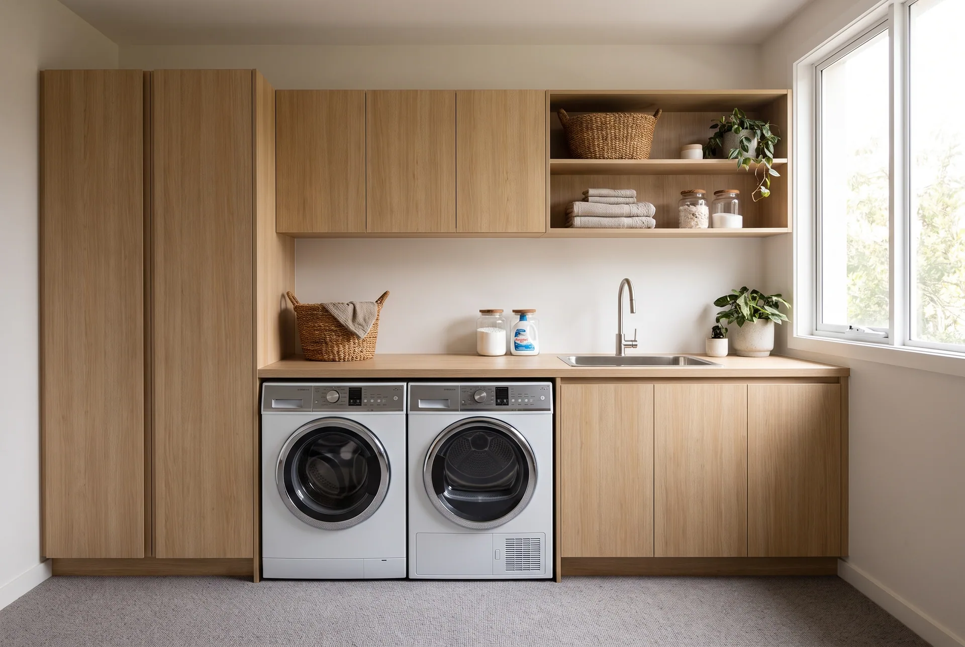 Design concept: laundry with a bench over the machines and overhead cupboards