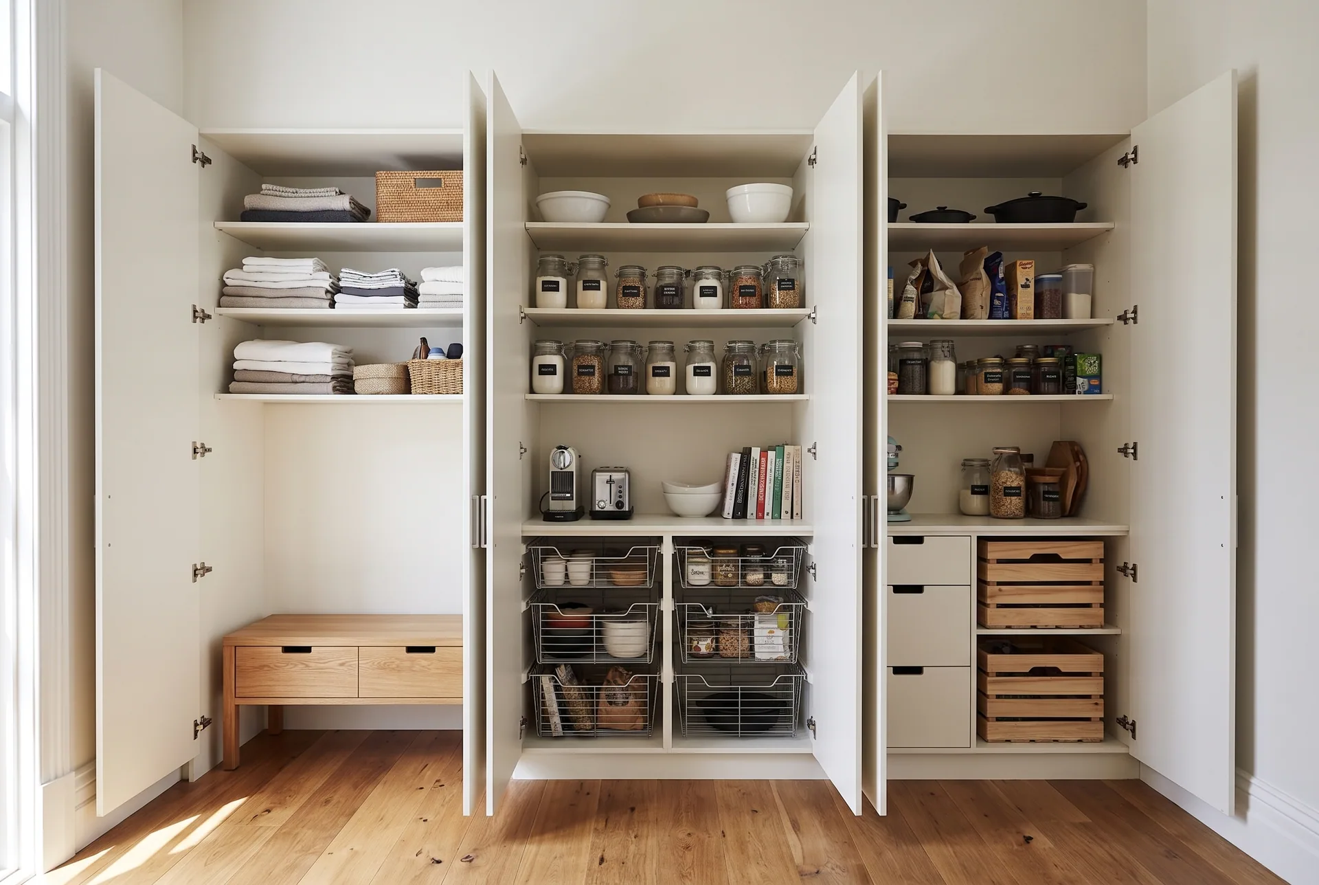 Design concept: tall pantry with the doors open, shelves neatly stocked